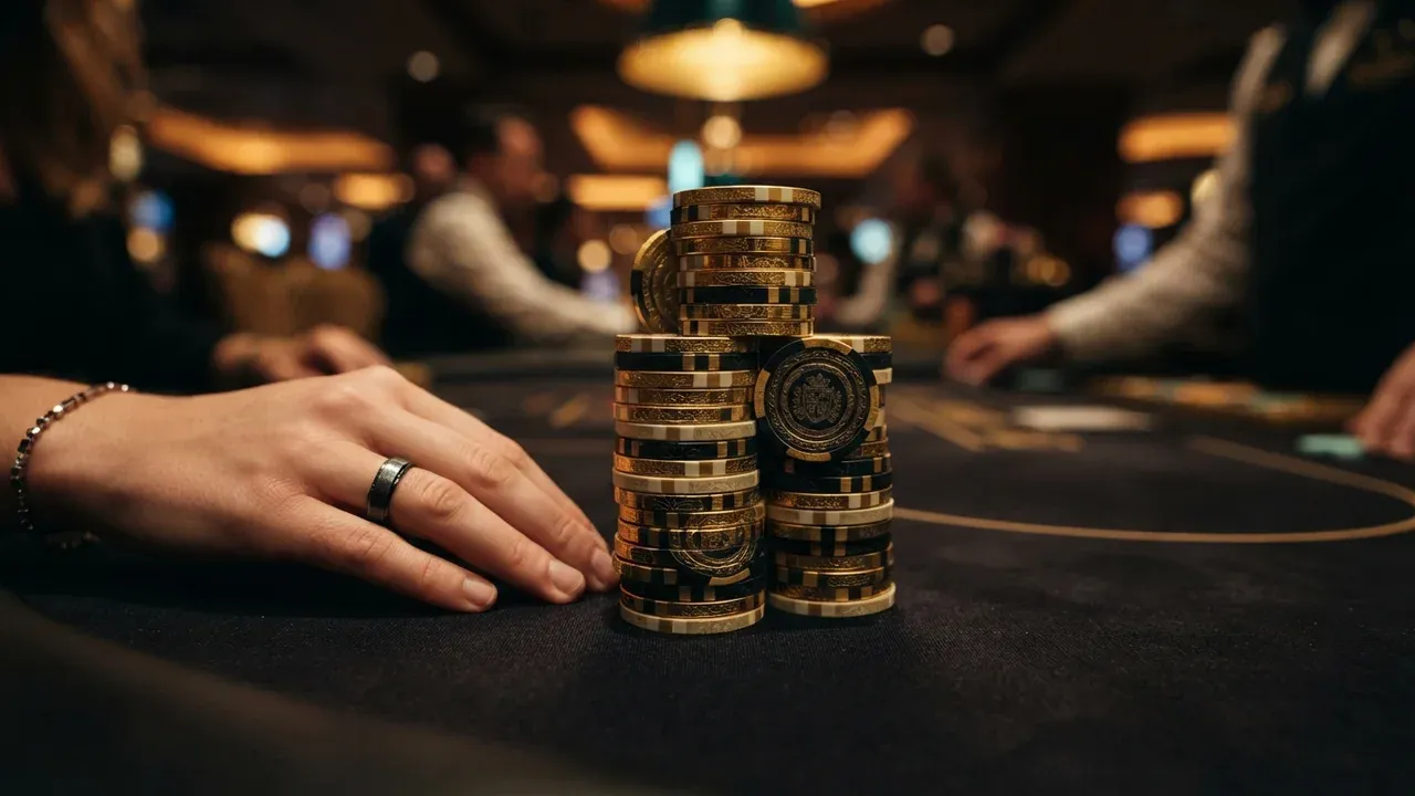 Fichas de casino negras y doradas apiladas sobre una mesa oscura, junto a una mano con un anillo.